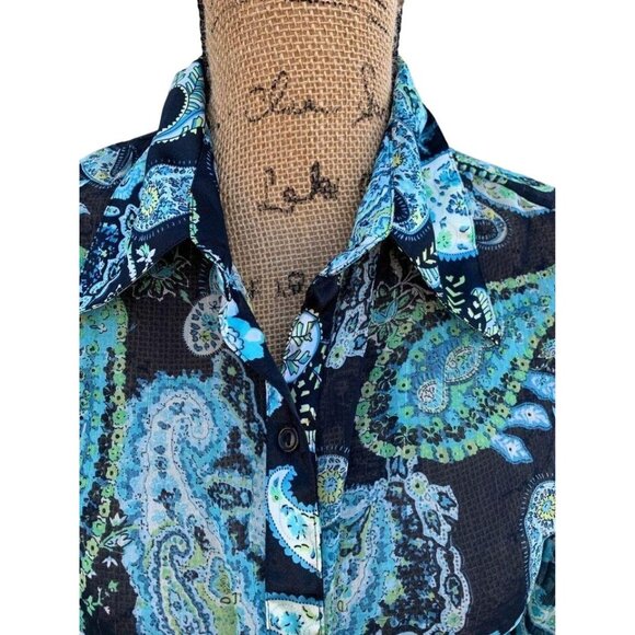 🌸3/$15🌸Sheer Black and Blue Paisley Button Up Blouse Juniors 11/13 - Picture 2 of 6